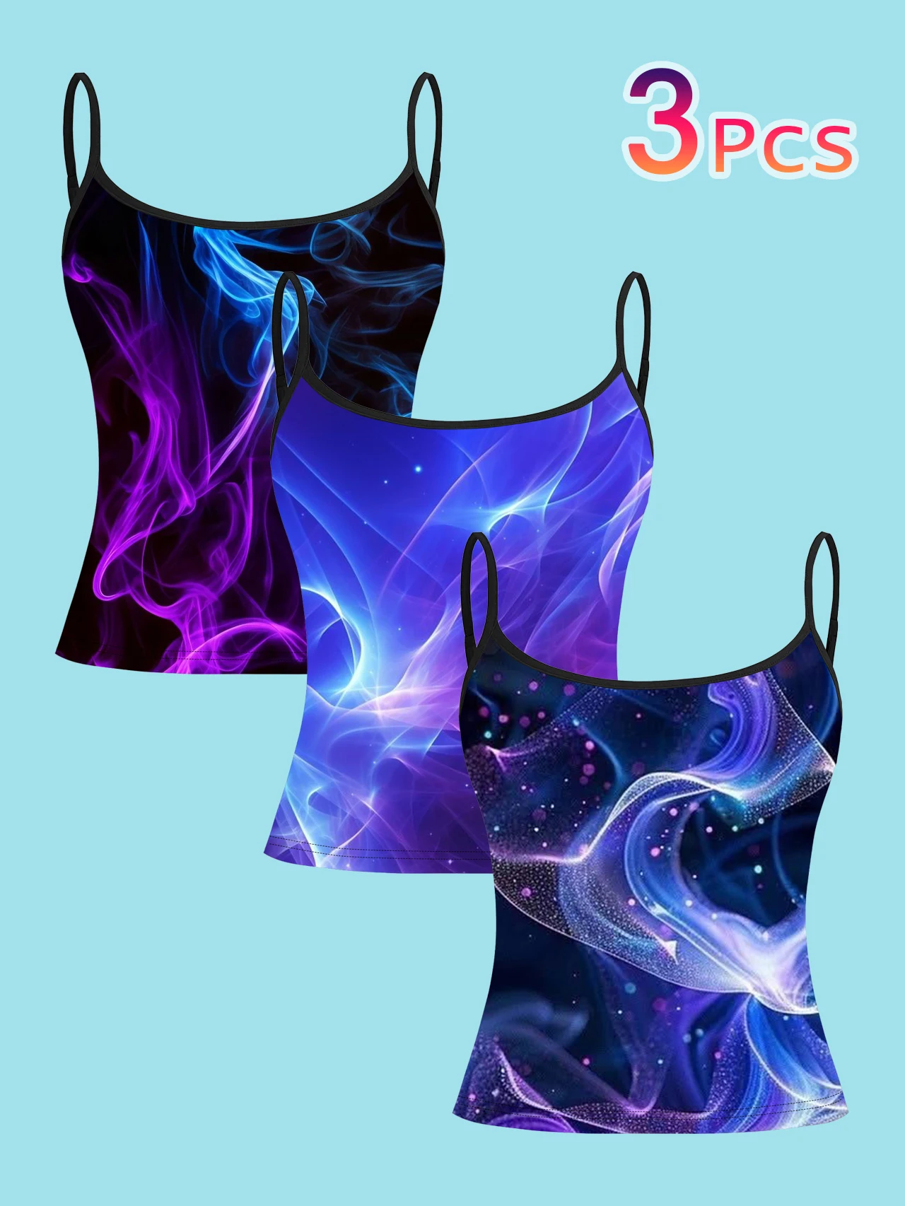 3-Piece Set of Neon Smoke Flow Print Camisole Tops for Women, Blue-Purple Gradient Starry Sky Fiber Slim-Fit Spaghetti Strap Inner Tops