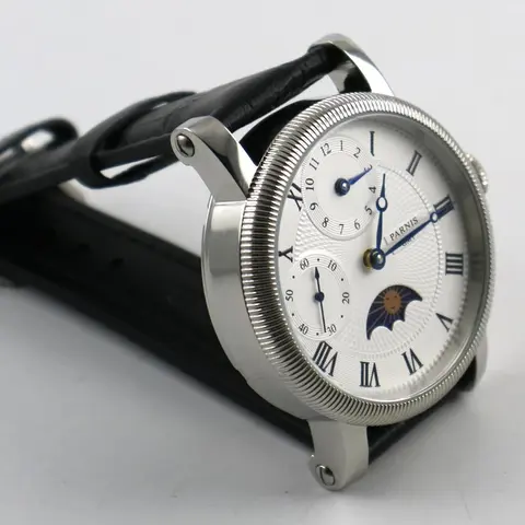 Parnis 43 mm vit urtavla blå visare läderarmband GMT-klockor månfas mekanisk handuppdragen herrklocka montre homme 2025 10 best sales Parnis månfas - №3
