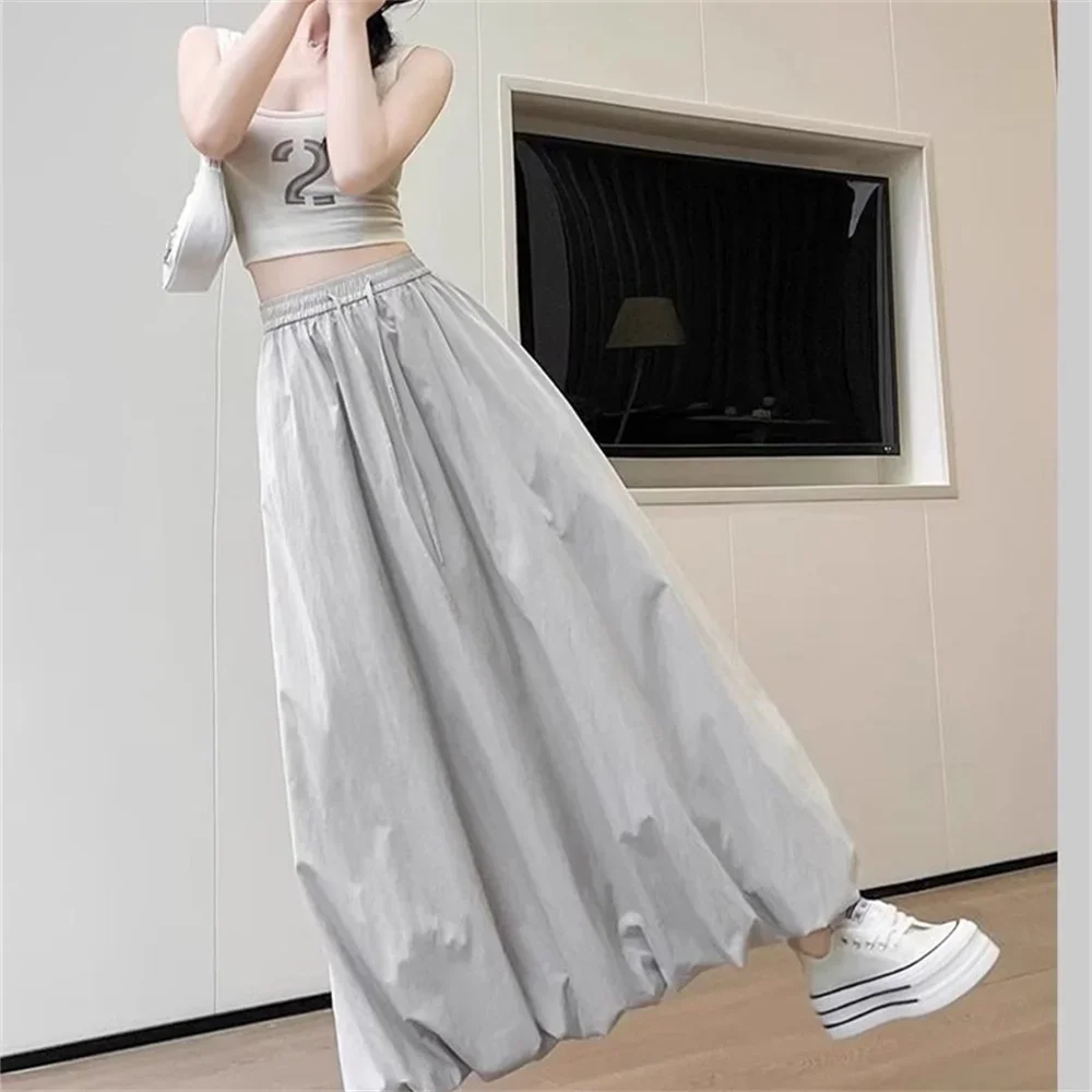 2026 Summer New Design Thin Midi Skirts Solid Color Lantern Style Long Skirt High Waist A-line Casual Skirt Yellow Fashion Skirt