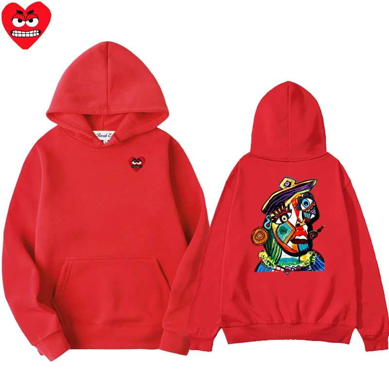 カラー油絵 2 女性男性パーカーポリエステルクールかわいいスナッグハート刺繍プルオーバーポケット薄い緩い秋のセーター