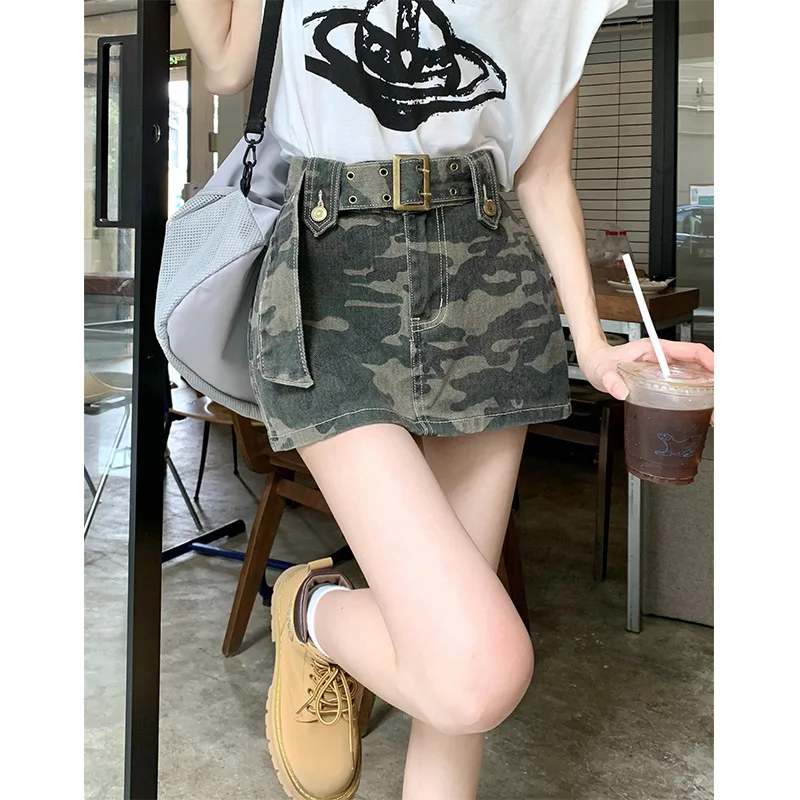 Retro Spice Girl Brown Camouflage Denim Skirt Women's Design Sense Hip Skirt