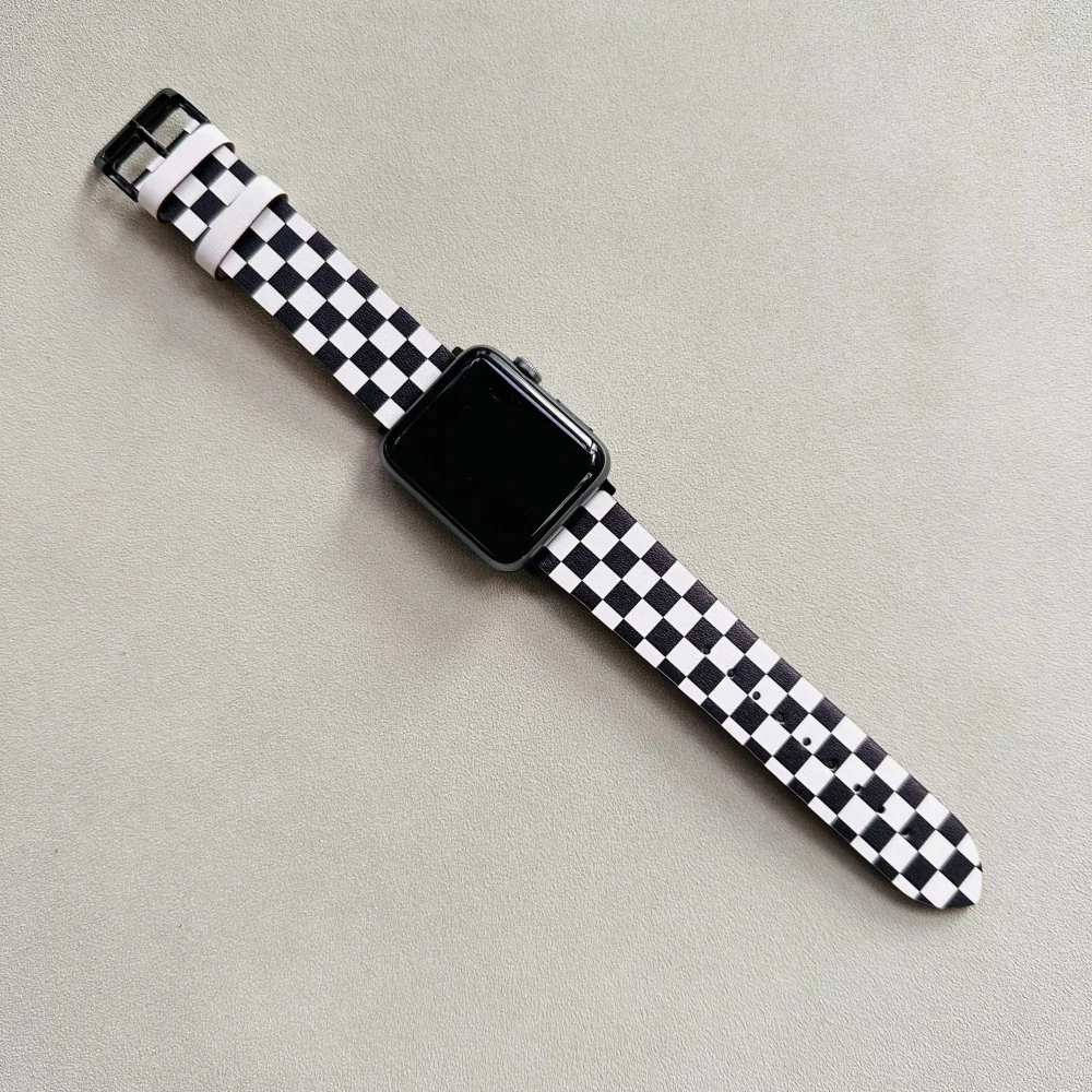 

Checkerboard Grid Style Leather Strap For Apple Watch 38mm 40mm 42mm 44mm 41mm 45mm 49mm iWatch Band Series 3 4 5 6 7 8 SE Ultra