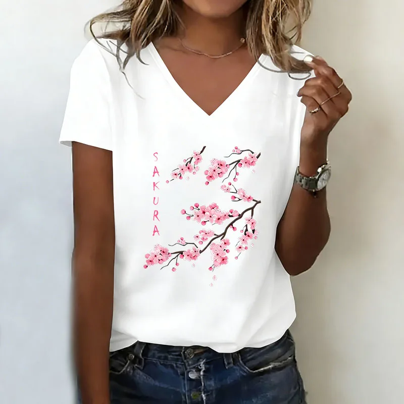 Camiseta con cuello en V informal a la moda Y2k con estampado de flor de cerezo, camisetas de manga corta para mujer, camiseta con cuello en V para verano y primavera