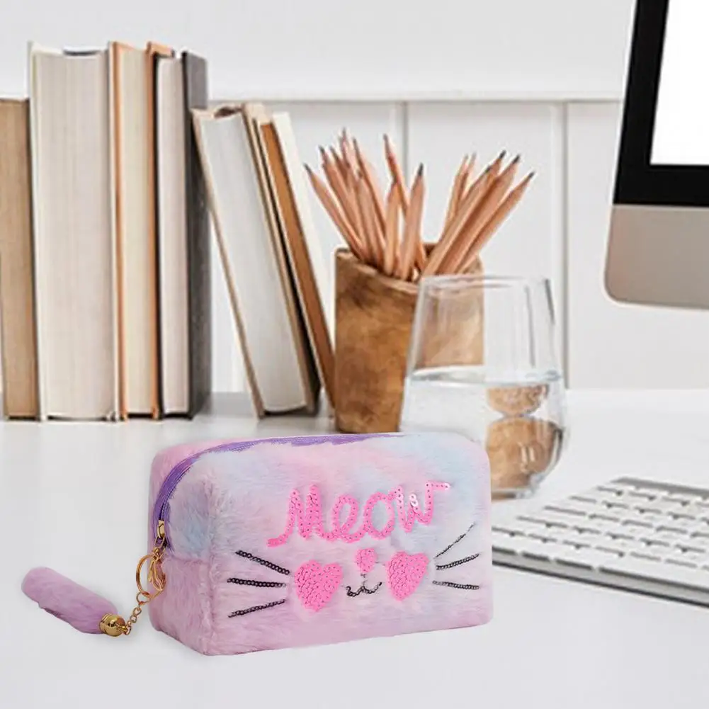 Cosmetic Storage Bag Cute Cat Plush Pencil Case Spacious Storage Bag for Students Travelers Kids Ideal Stationery Organizer