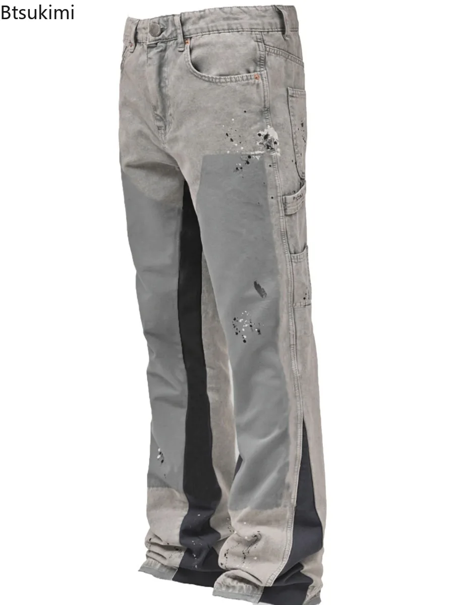 2025 Men's Fashion Jeans Patchwork Loose Casual Trousers Men Vintage Cargo Pants Workwear Elastic Denim Layered Flare Pants Male