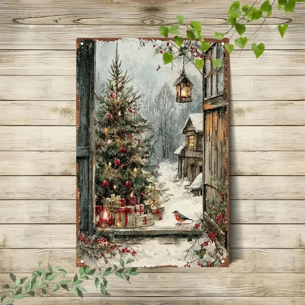 2D Flat, 1 Piece Vintage Country-Style Christmas Tree Metal Wall Decoration - Tin Sign with Snow-Covered Village Scene, Gifts, and Red Birds - Pre-