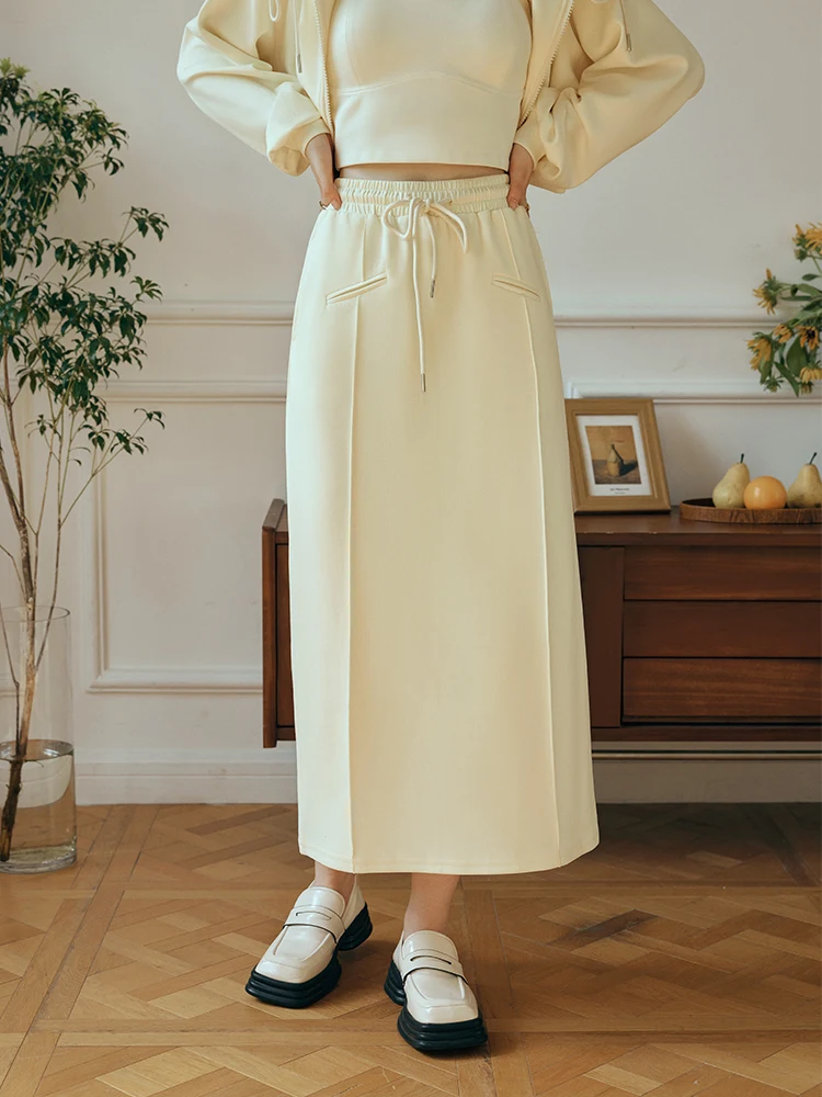 

OLrain Women's Cotton Knitted Skirt Ladies 2025 Early Autumn High Waist Sports Style Midi Split Skirt Woman Clothes O23QB85585