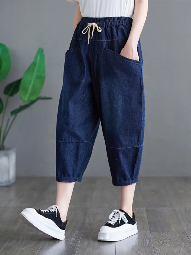 Oversized Jeans Zomer Elastische Hoge Taille Broek Vrouwen Losse Geplooide Mode Dames Broek Casual Vrouw Harem Broek