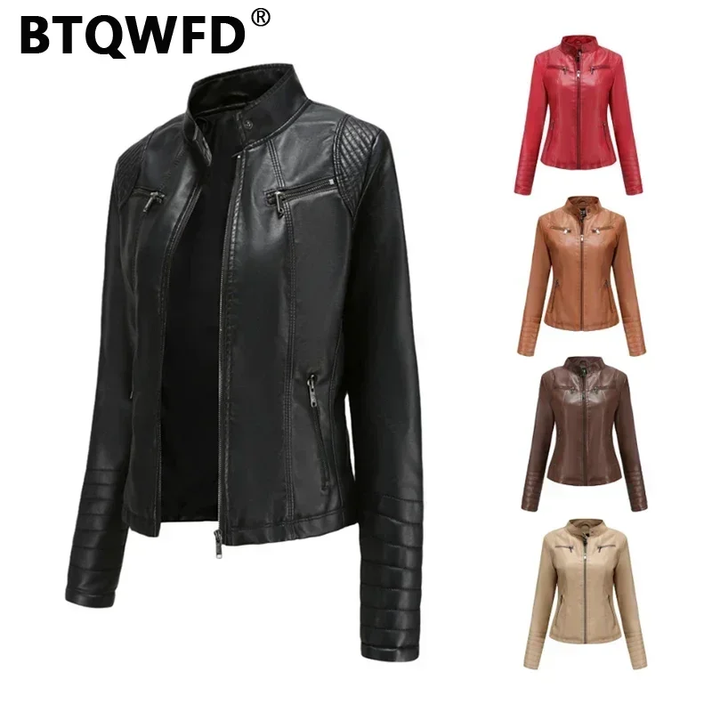 BTQWFD Motorcycle Clothing Autumn Winter Coats Women\'s Female Jackets Ladies Fashion PU Leather Outwear Biker Tops With Pocket