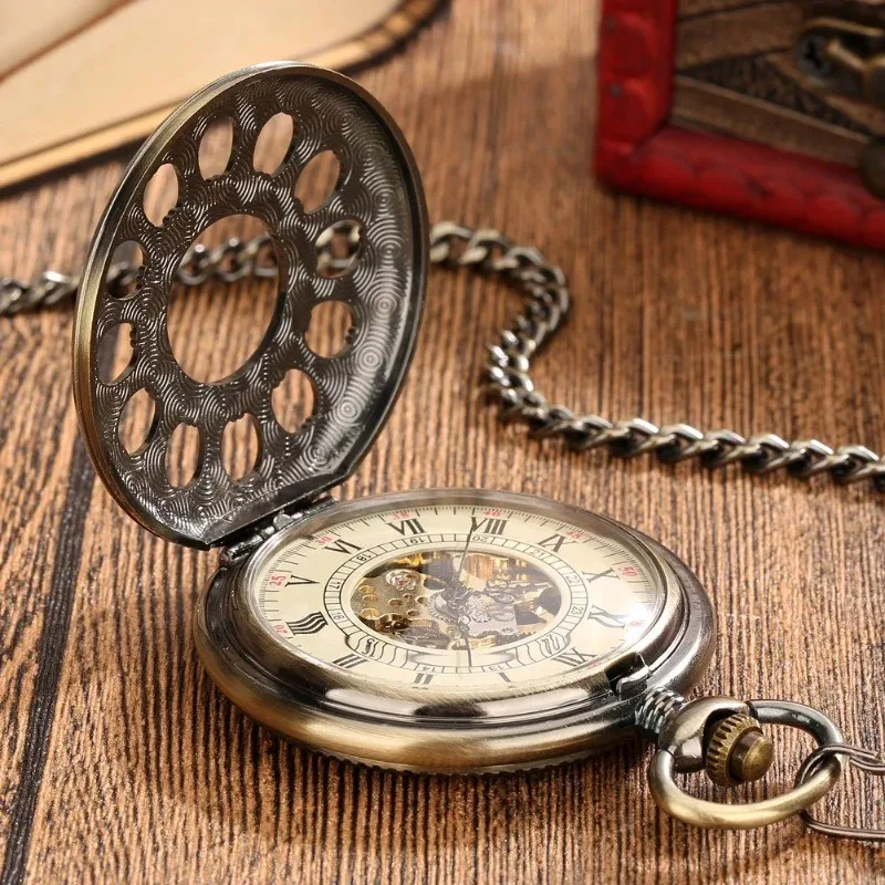 Transparent Hollow Roman Numerals Display Mechanical Pocket Watch Hand-Winding Luxury Vintage Pendant Chain Clock Gift Male