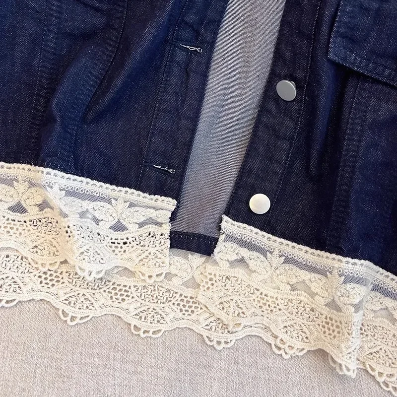 Summer New Thin Dark Blue Slim Short Denim Jacket Women Round Neck Single-Breasted Short Sleeve Lace Patchwork Jeans Jacket Coat