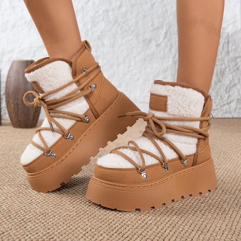 

Теплые пушистые зимние ботинки с высоким берцем на толстой подошве в стиле ретро для женщин, зима 2024, модные универсальные плюшевые удобные удобные хлопковые ботинки на массивном каблуке
