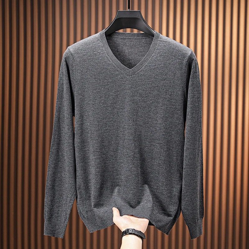 メンズ羊毛混紡ベーシックTシャツ 2025年秋 カジュアルVネック薄手ニットTシャツ 長袖男性用ウール混紡セータープルオーバートップス