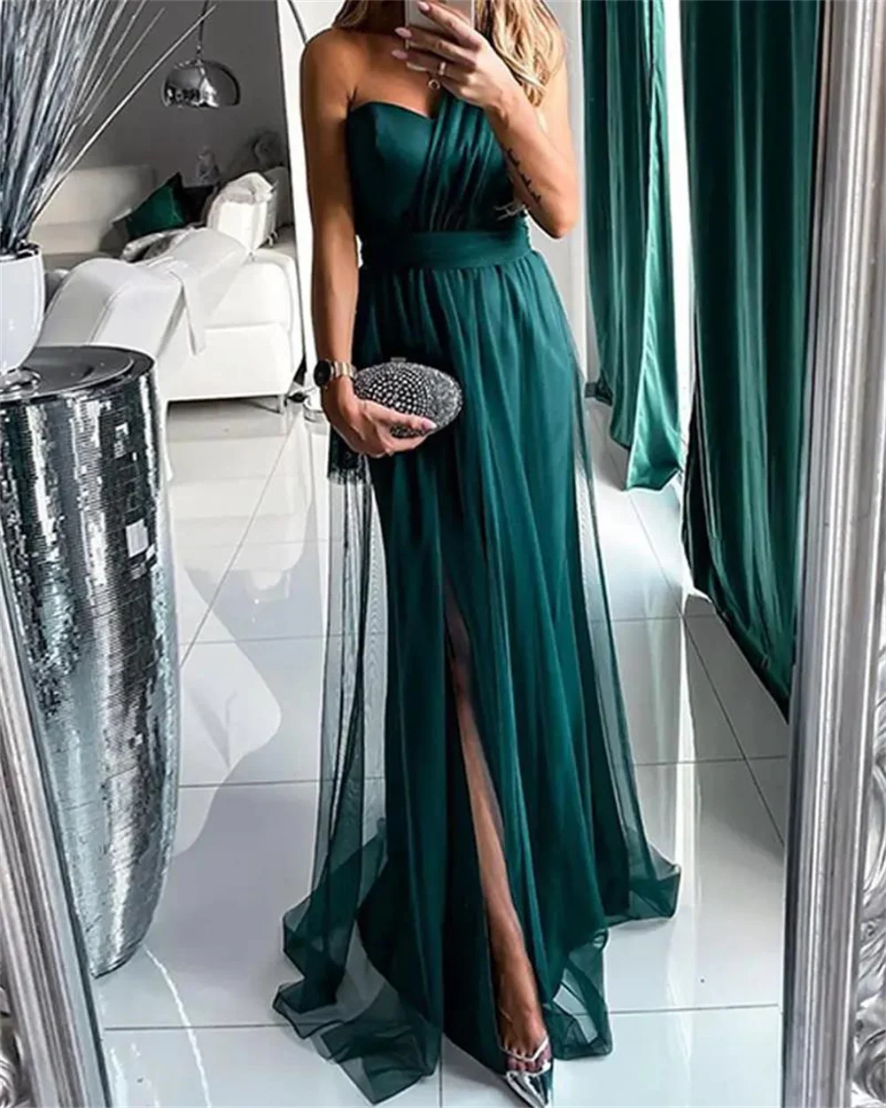 

Sexy Women's Evening Party Dress 2024 Green One Shoulder Backless Tulle Draped Long Ball Gown Lady Elegant Cocktail Prom Dresses