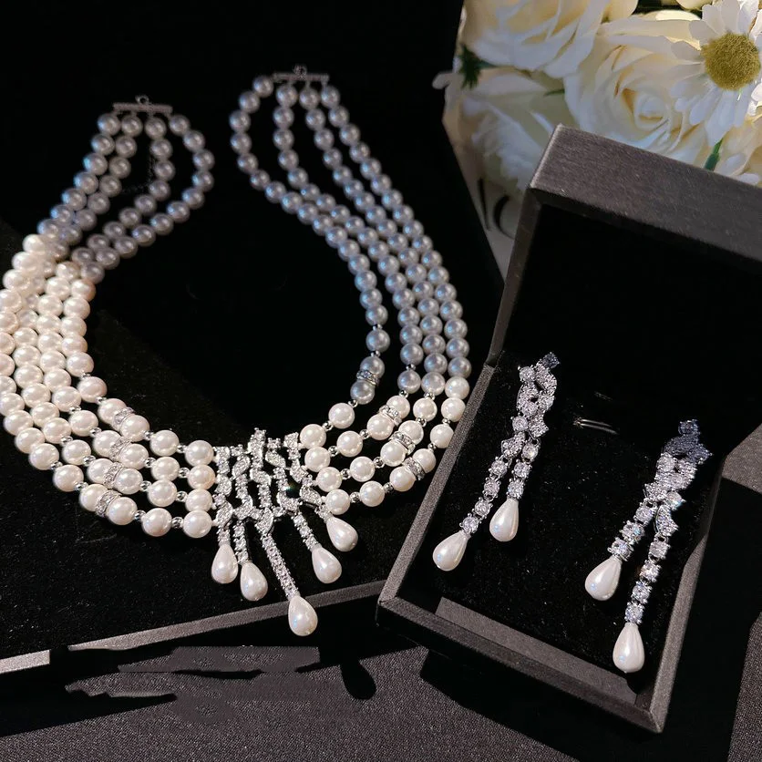 2023 Women Morning Dew Water Drops Honeycomb Gem Multilayer Pearl Necklace Tahiti Seawater Mabei Pearl Zircon Earrings