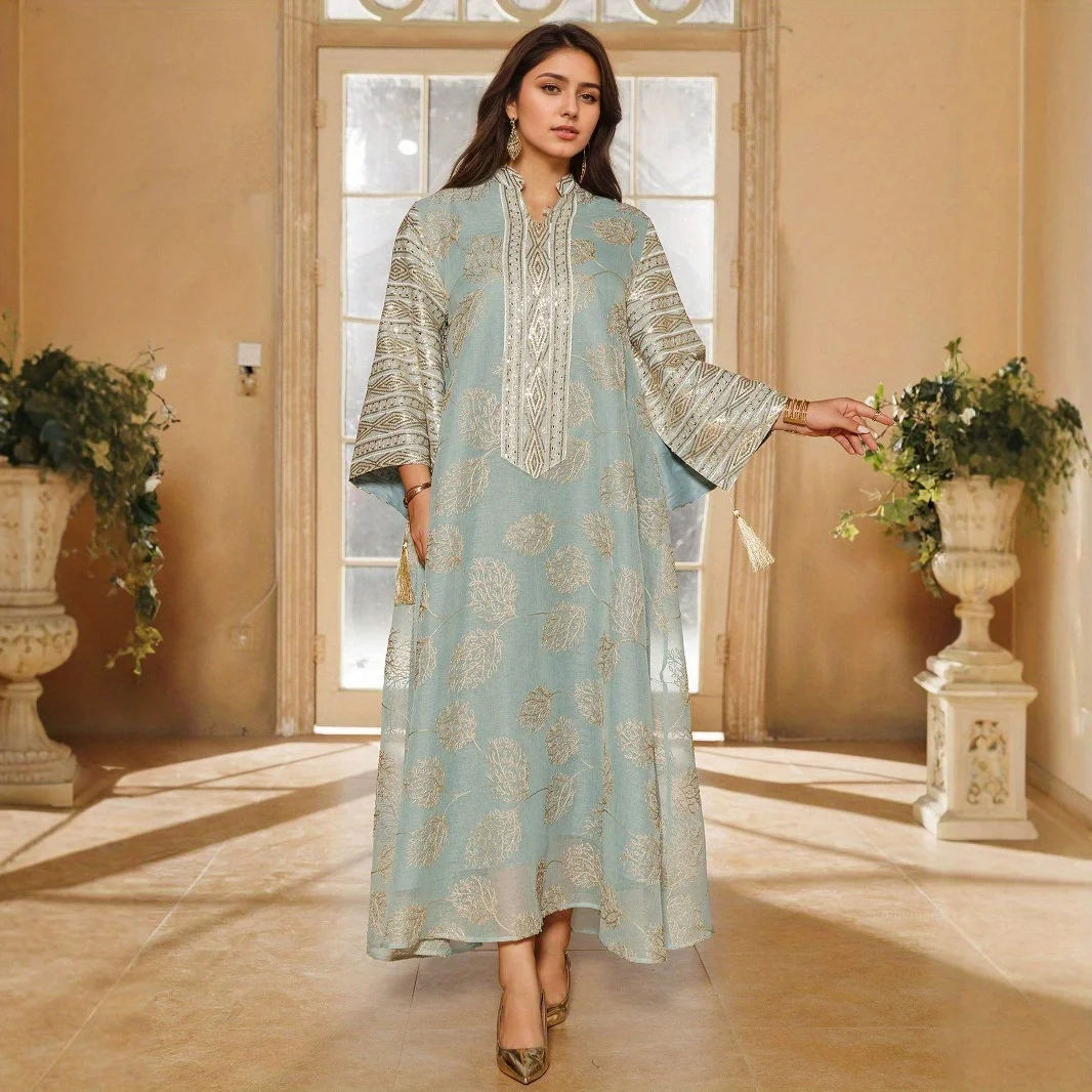 

New Tassel Leaf Embroidery Middle Eastern Muslim Clothing Dress Fashion Elegant Blouse Dress Robe Stage Performance Set