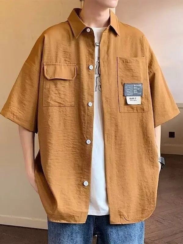Men's Short Sleeve Ice Silk Shirt Casual Summer Sun Protection Loose Fit Polyester Fiber Youthful Popular Workwear Jacket