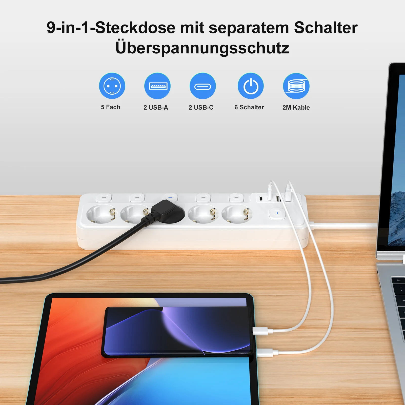 EU Plug Power Strip with 5 AC Power Outlets 2 USB A and 2 USB C Ports Independent Switch 2 M Cable Suitable for Home Office