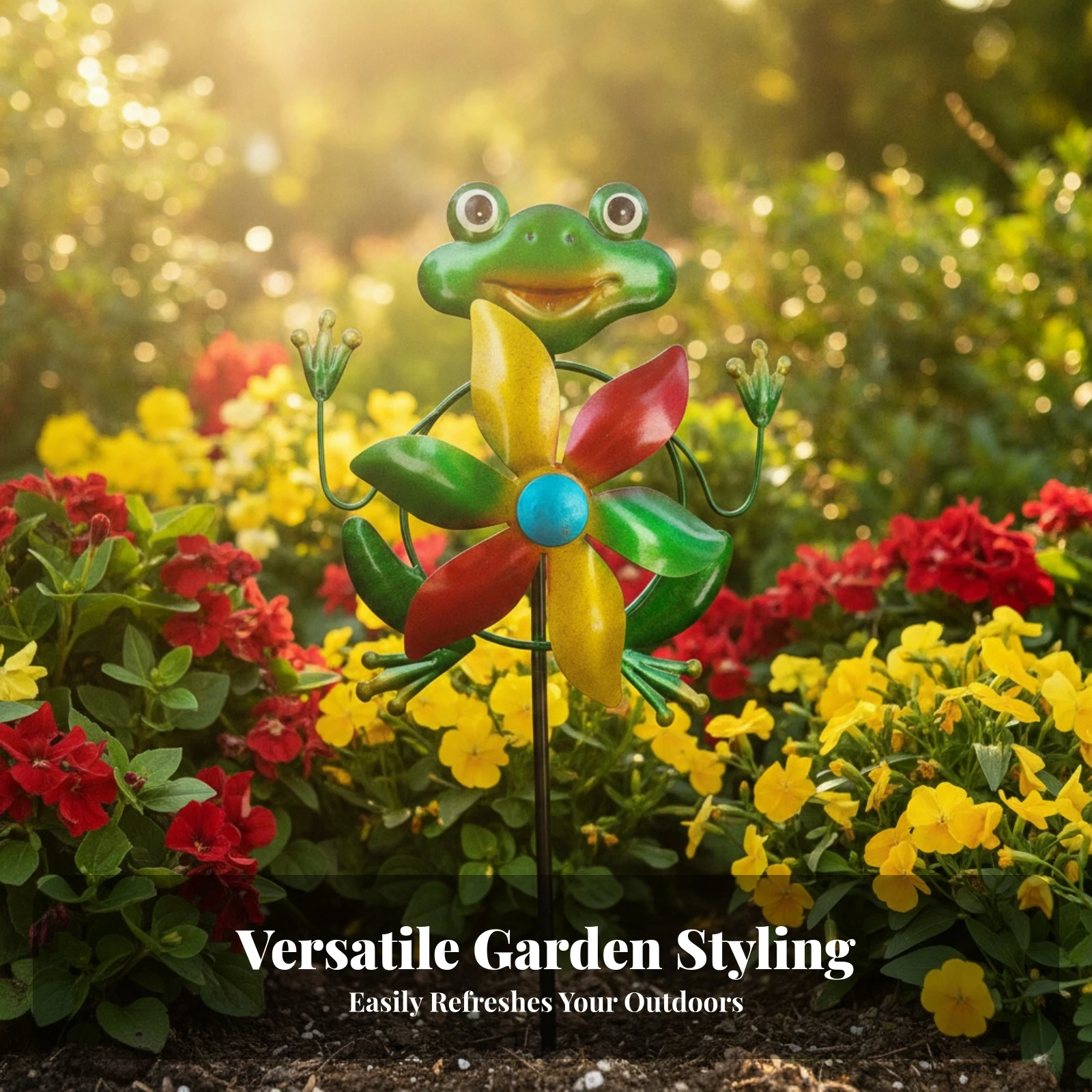 Frog Metal Rotator Flower-Shaped Blade Metal Frog Rotator Animal Kinetic Rotator Round Eyes Outdoor Decor Pointed Base