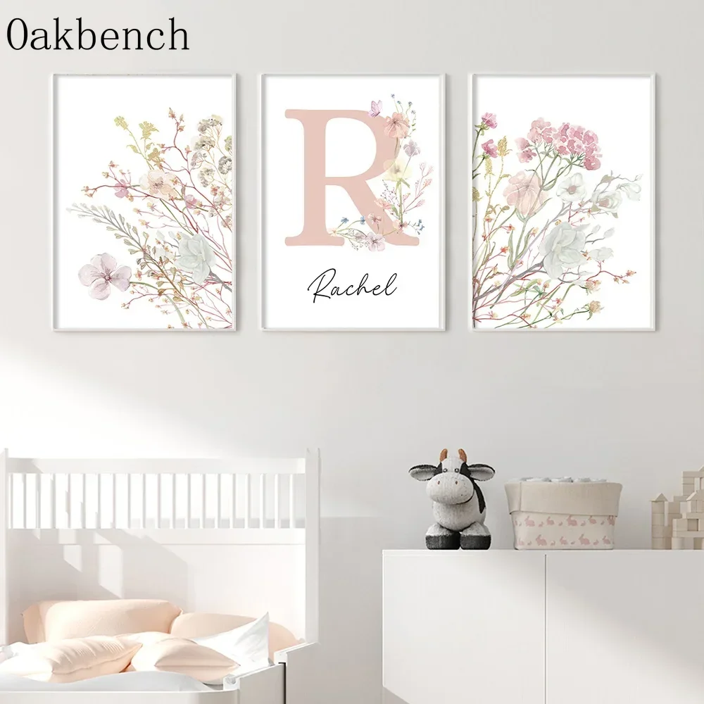 Personalized Name Custom Wall Art Flowers Canvas Poster Pink  Hanging Pictures  Girls Bedroom Kindergarten Decor Poster No Frame