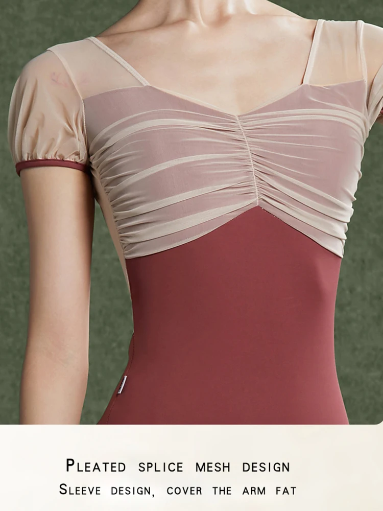 Leotardos de Ballet para mujer, malla bordada, cuello levantado con hebilla oculta, ropa de baile, leotardo de Ballet en forma de V