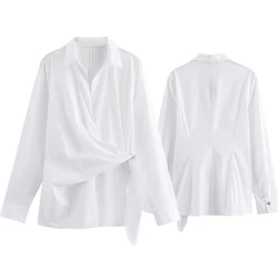 Maxdutti 2024 Minimalist Wrapped White Shirt Women Tops Spring And Summer Fashion Long Sleeve Loose Casual Blouse