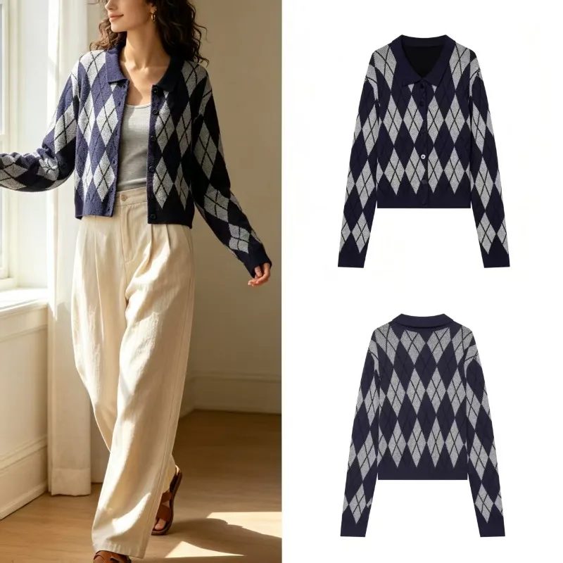 Women Minimalist Style Long Sleeve Argyle Single Breasted Sweater Cardigan 2026 Autumn Winter New Preppy Casual Street Outerwear