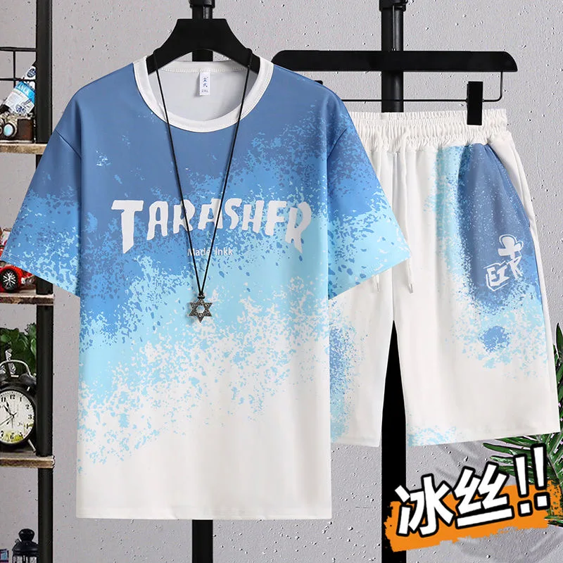 Summer New Fashion Trend Ice Silk Breathable Short-Sleeved Shorts Set Men's Loose Sports Large Size High Quality Two-Piece Set