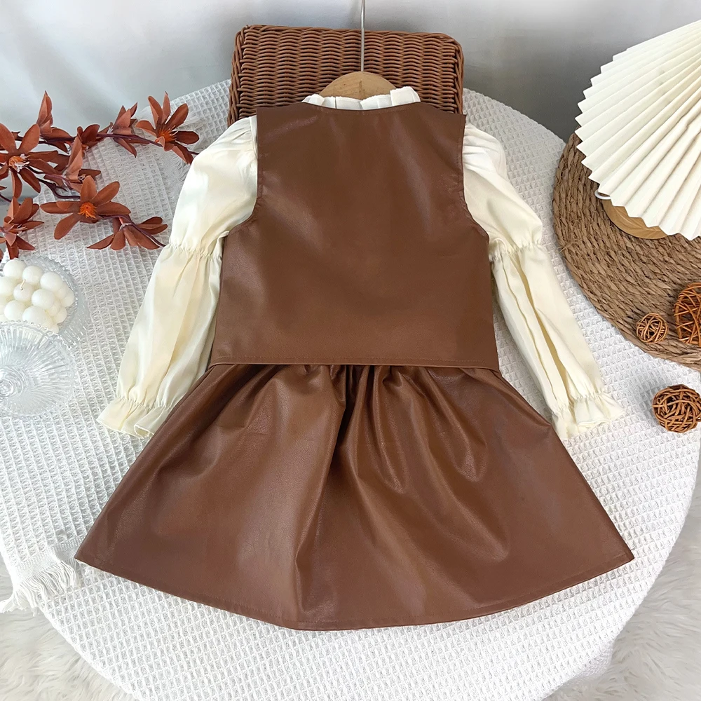 2026 Kids Autumn Three Piece Set Brown Leather Jacket Girls' Clothing Single Breasted Vest + Long Sleeved Shirt + Short Skirt