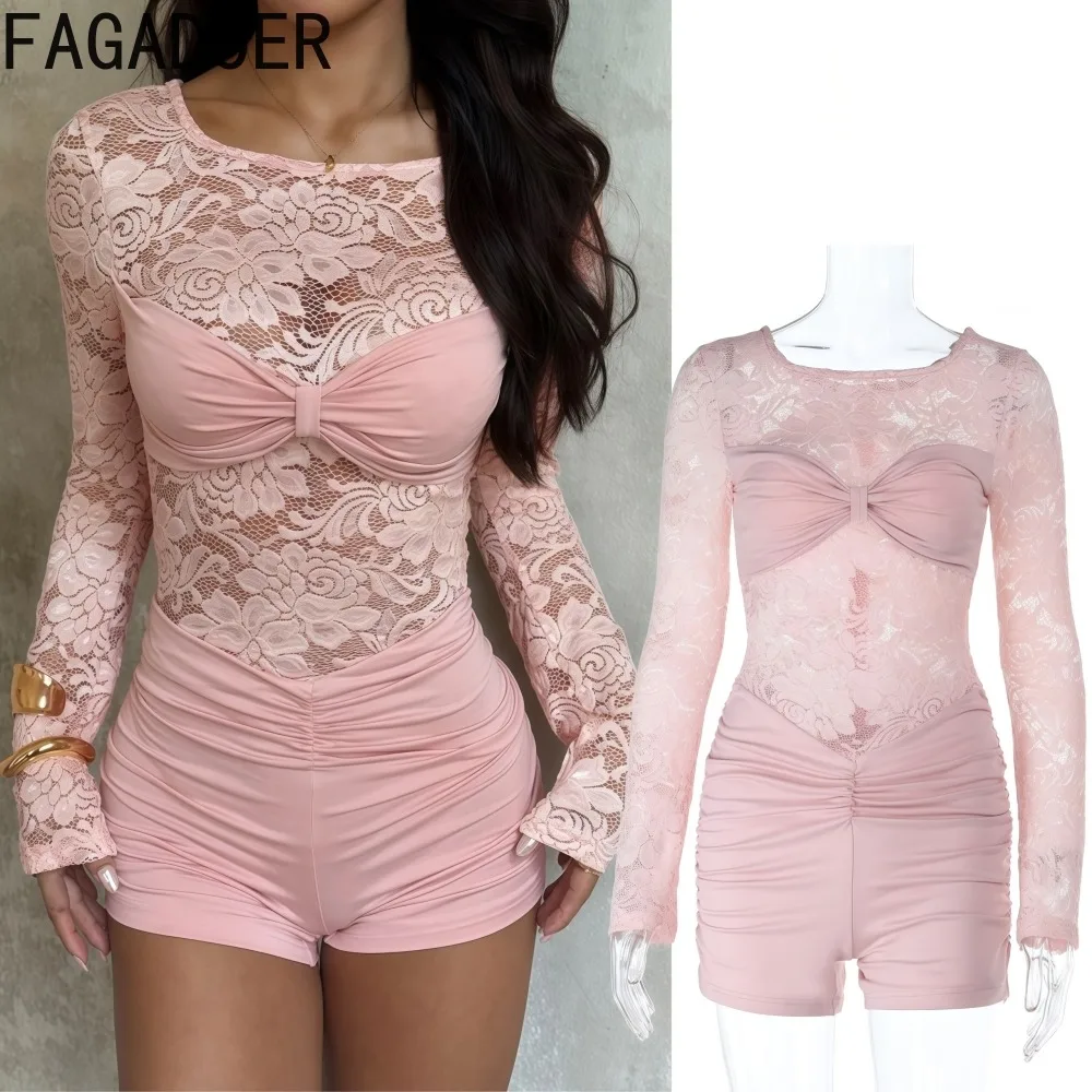 

FAGADOER сексуальные кружевные облегающие комбинезоны с цветочным принтом для женщин, прозрачные комбинезоны с длинными рукавами, женские вечерние клубные комбинезоны