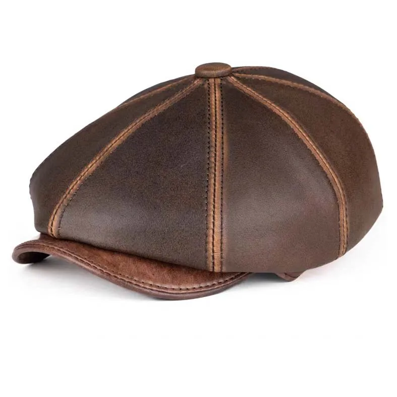 Retro Spring Genuine Leather Boina Hat Matte Sheepskin Beret Octagonal Cap Winter Boina Masculina Men Beret Cap