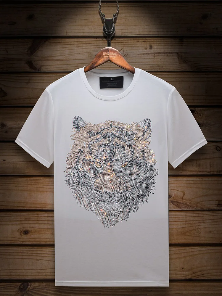 Men's T-shirt Short Sleeve 2024 Summer New T-Shirts Hot Rhinestone Tiger Head Men's Slim Fit Oversize T-Shirts Half-Sleeve Tops