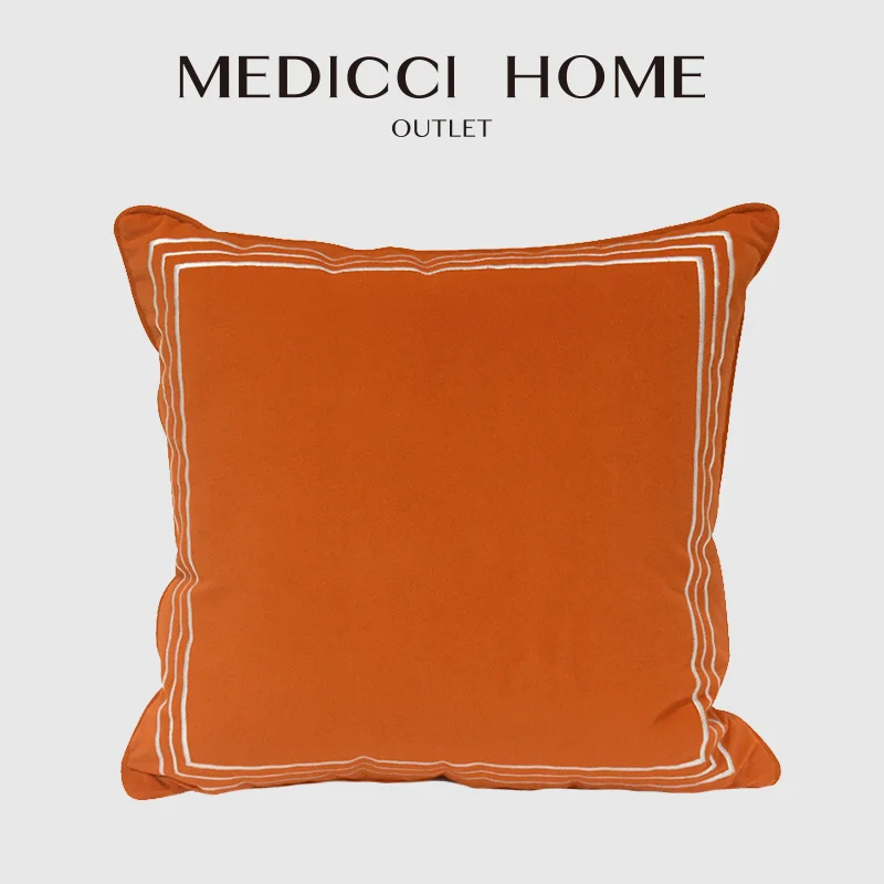 Medicci Home Luxury Stripe Border Embroidered Cushion Cover Modern Simple Geometric H Orange Velvet Pillow Case 45x45cm 50x50cm