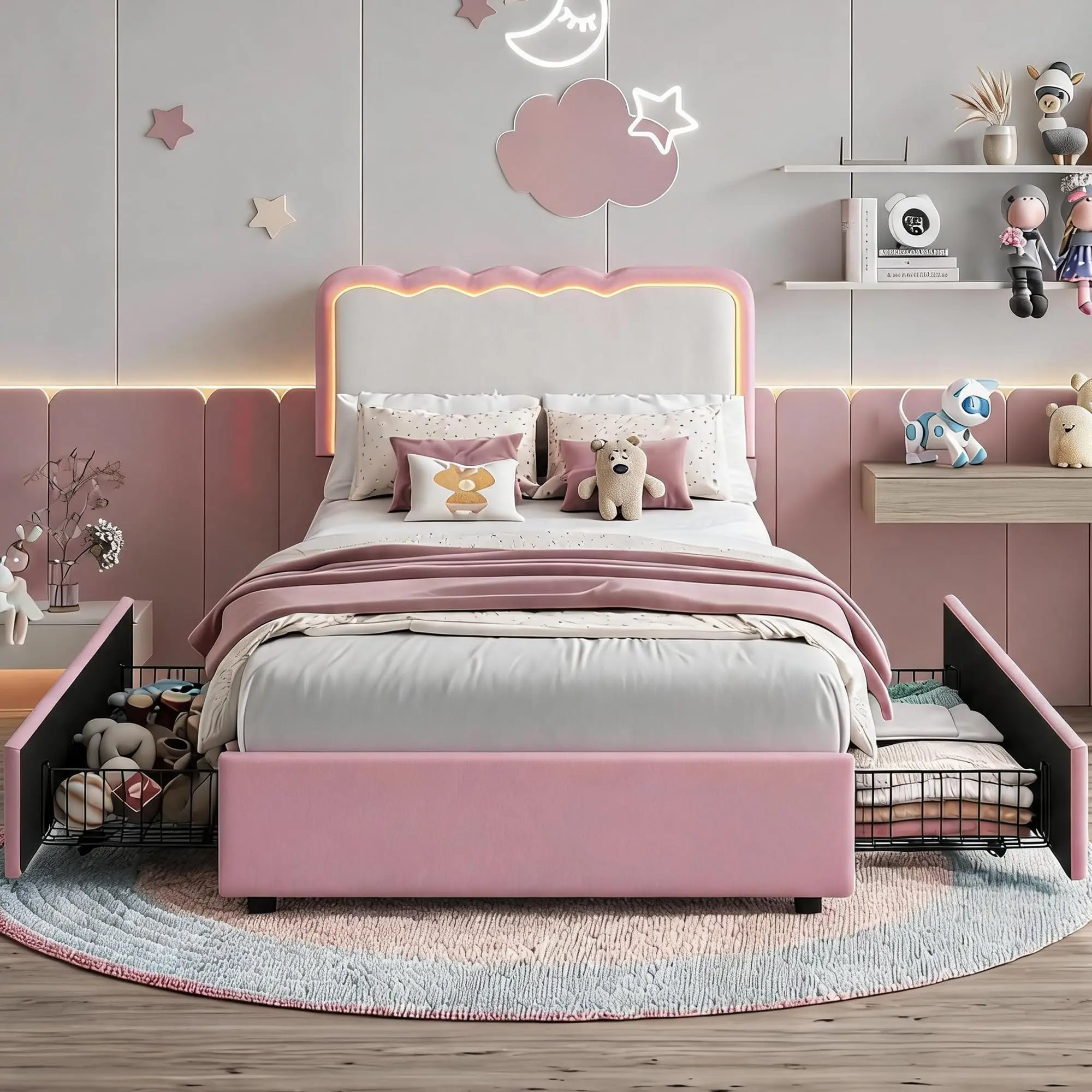 LED Upholstered Platform Bed Frame with 2 Storage Drawers – Adjustable Double Wave Headboard, Velvet Princess Style, Heavy Duty Metal & Wood Support, No Box Spring Needed, Modern Bedroom Furniture, Queen - view 3