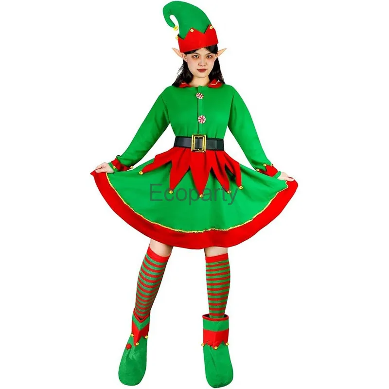 6pcs Set Women Christmas Elf Costume Set Green Santa Claus Assistant Role-Playing Costume Christmas Dress With Hats Shoes Suit