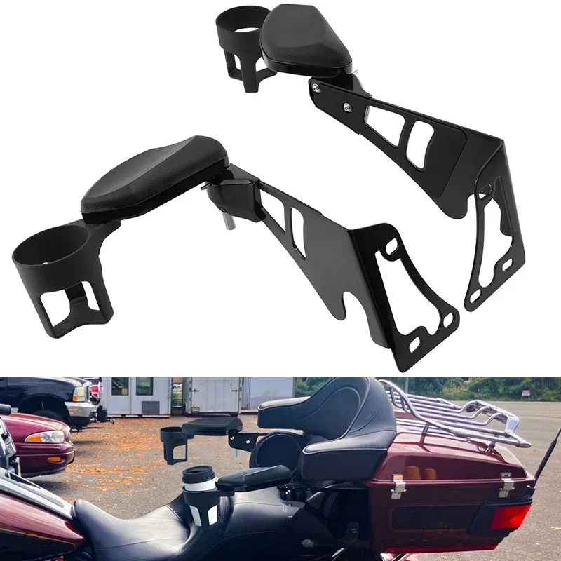 Motorcycle Black Rear Passenger Armrests Comfortable Drink Cup Holder For Harley Touring Tri Glide Electra Glide 1997-2013