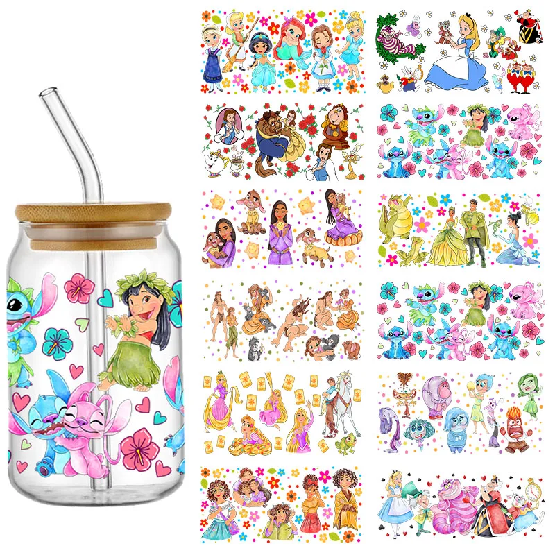 Disney Animated Movies Princess UV DTF Cup Wraps Transfer Sticker For 16OZ Glass Libbey Can Bottle Washable DIY Custom