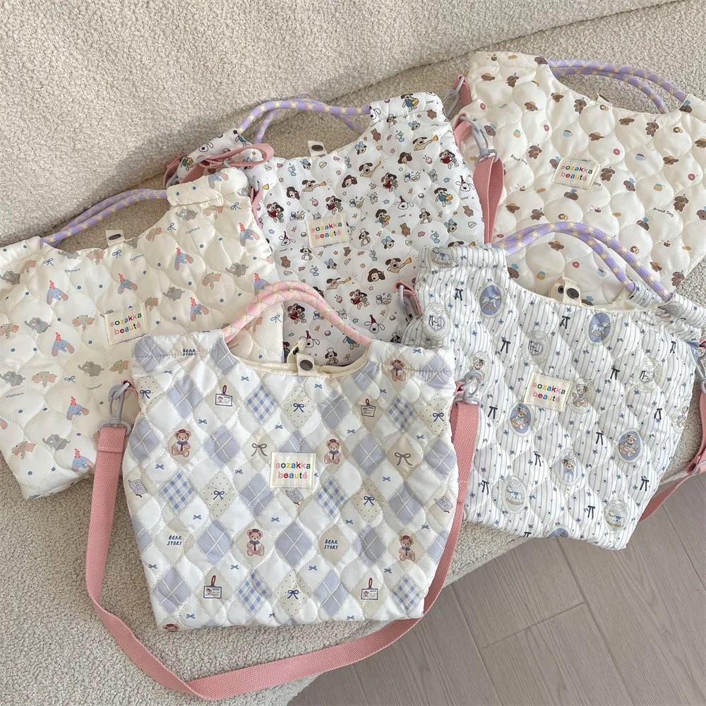 

Осенне-зимняя стеганая холщовая сумка с мультяшным узором, женская сумка через плечо, повседневная простая сумка из мягкого полиэстера