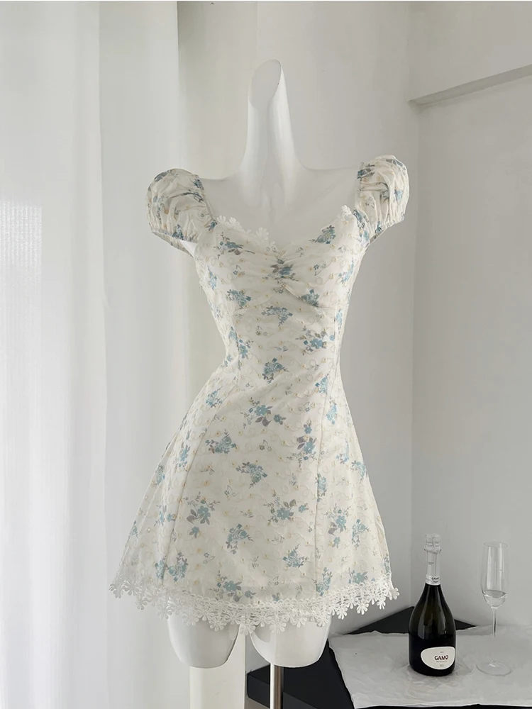 Woman Design A-Line Dress Sexy Floral Dress Tide Frocks Gyaru One-Piece Aesthetics Cute Core Square Neck Short Sleeve Casual