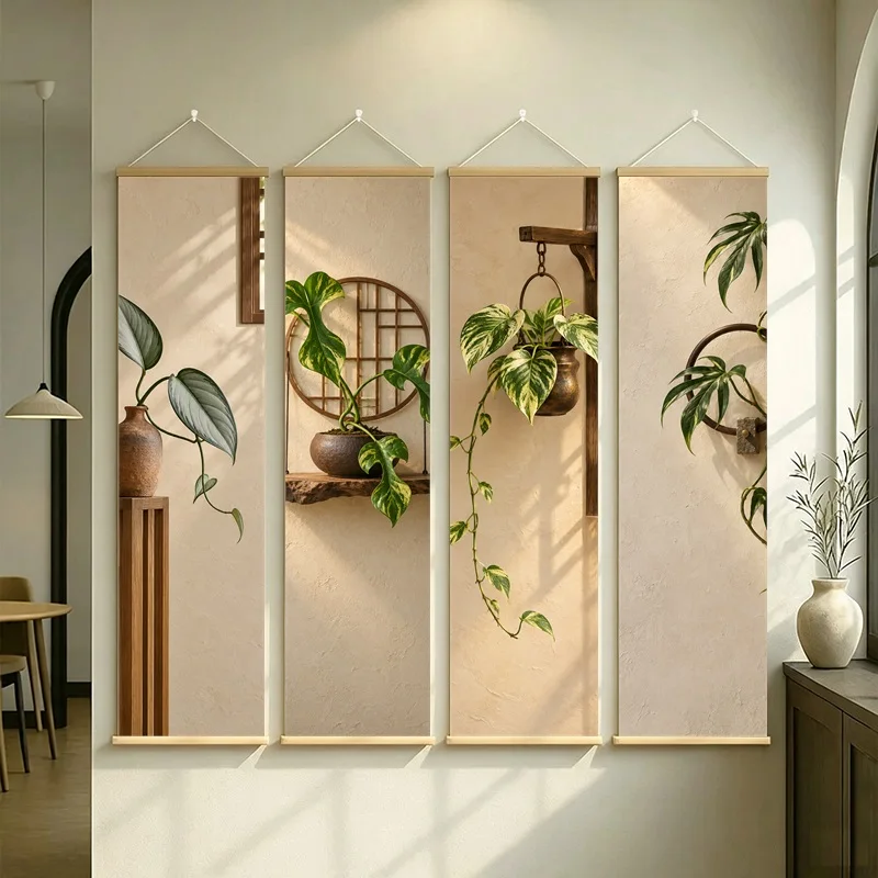 Wall Art Marble Queen Pothos and Jade Pothos, Calm Wabi-Sabi Silver Shimmer Canvas Hanging Scroll for Japandi Living Room