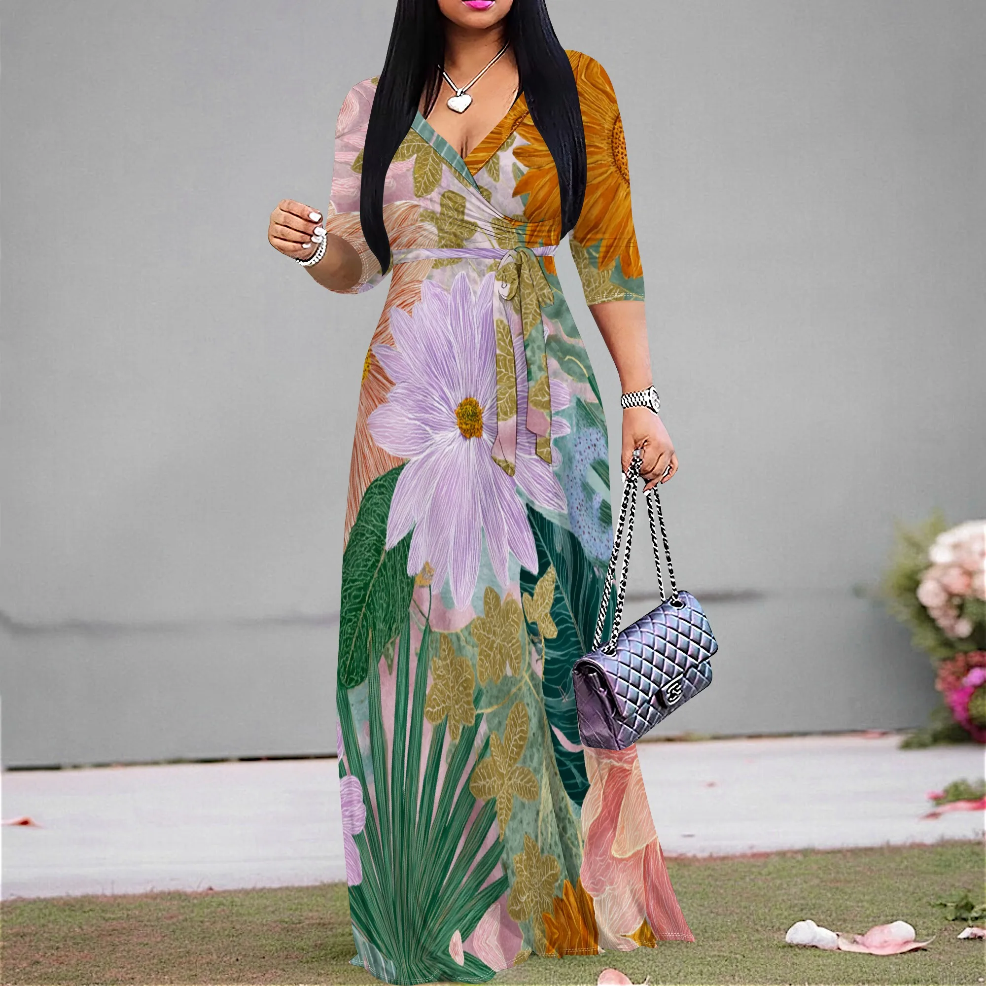 

Pastel Sunflower Maxi Dress S‑3XL V‑Neck Wrap Style with Tie Waist & 3/4 Sleeves for Garden Party, Summer Brunch or Resort Look