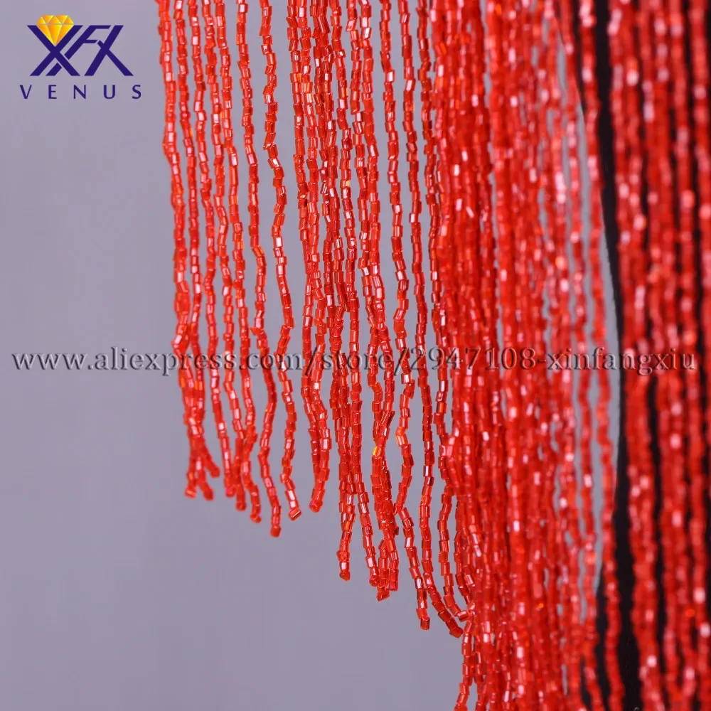 XFX VENUS Hot Sale Wedding Embroidered Rhinestone Tassels Style V-neck Patches for Clothing Red Beaded Applique 1pc Embroidery