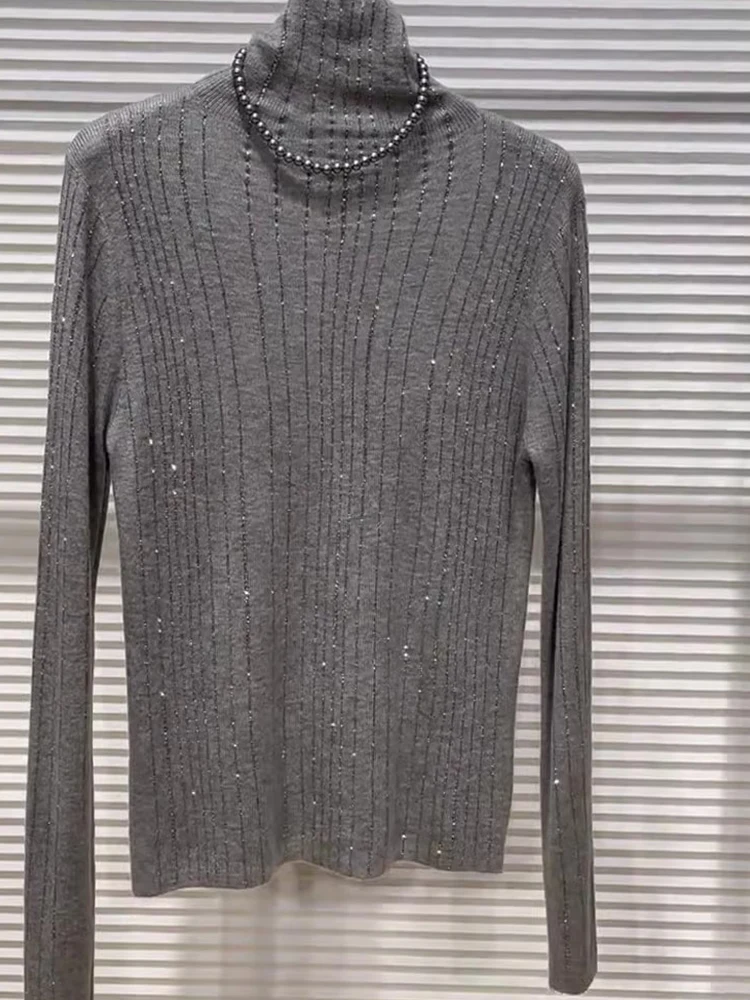 Bequemer High-Ne-Strickpullover für Damen, Innenbekleidung, faionable, luxuriös, vielseitiges Oberteil, Frühlings-Herbst-Saison, mit Perlen verziert