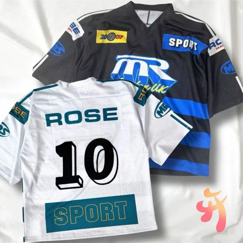 

Футболки Stock Martine Rose, летние уличные футболки с коротким рукавом No 10, Джерси в стиле пэчворк, полосатые сетчатые быстросохнущие футболки с надписью для мужчин и женщин