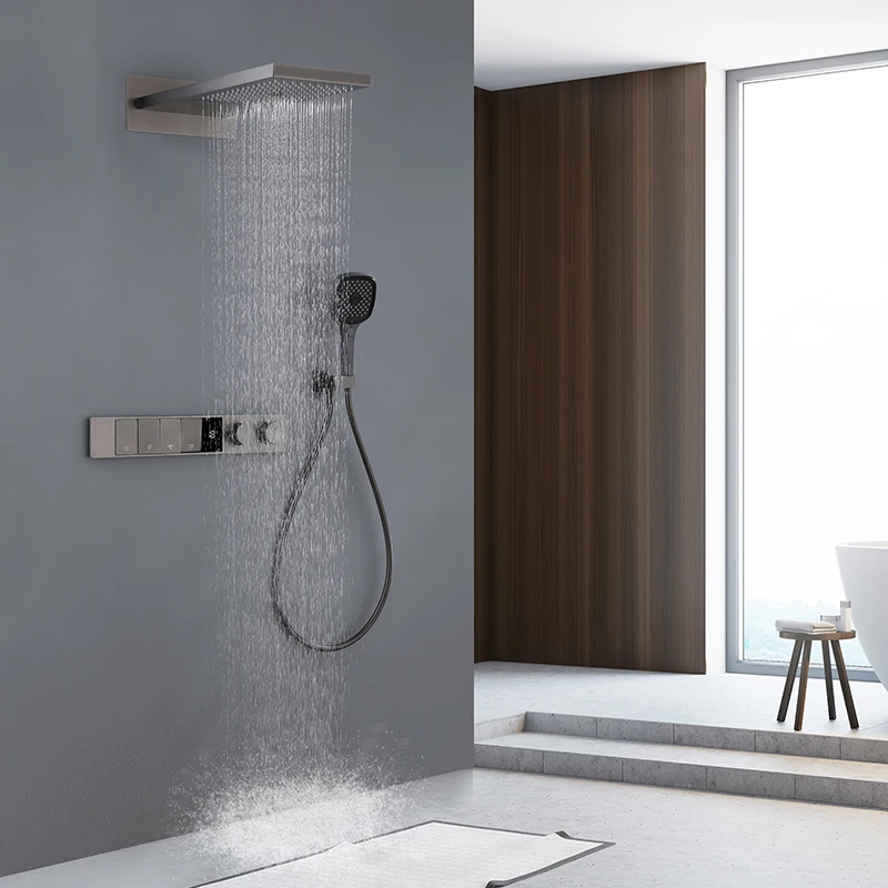 Homein American stock digital display four-function thermostatic shower set with brushed surface treatment