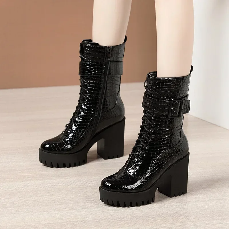 10cm Small Size 32-43 ELegant Block High Heels Boots Patent Leather Shoes 2024 Winter Thick Buckle Platform Botas with Fur