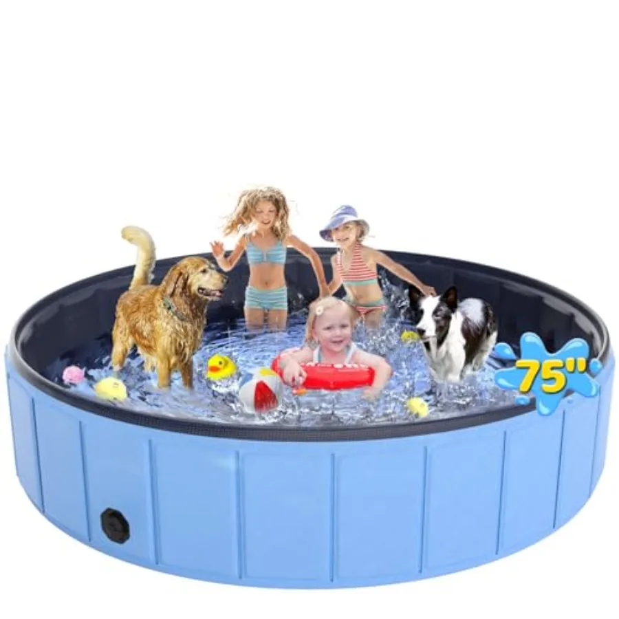 

Large Foldable Dog Pool 75x16, Heavy Duty Hard PVC, Blue, Leakproof Non-Slip for Indoor Outdoor Wading Bathing