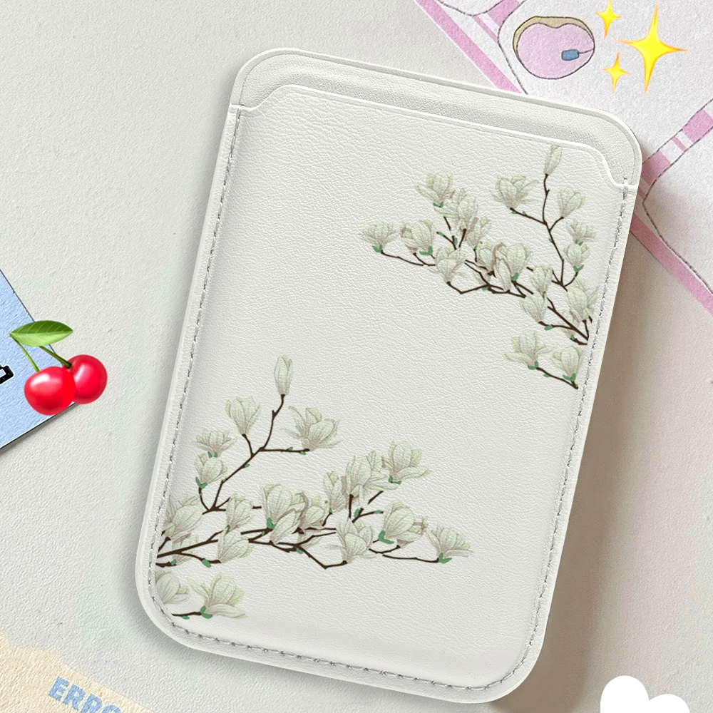 Magnolia Leder-Kartenetui Handyhülle Magnetische Hülle Geeignet für alle iPhone Magsafe Karten Blumen Handy-Rückentasche – Detail 3