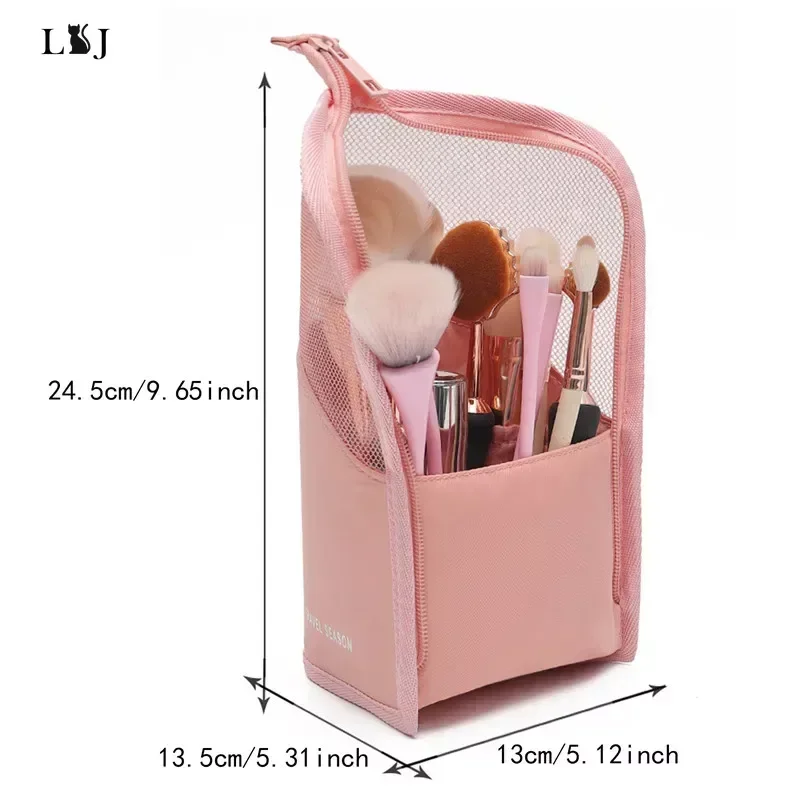 Makeup Brush Case Makeup Brush Holder Travel Waterproof Cosmetic Bag Stand-up Foldable Makeup Cup with Zipper (Black + Pink)