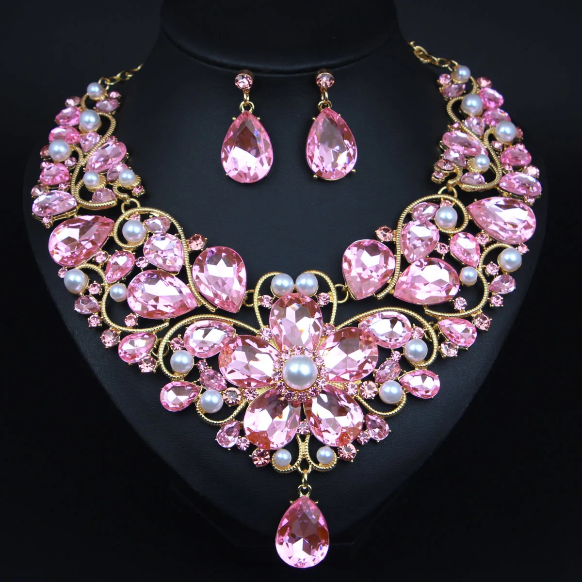 Cross border European and American exaggerated crystal flower water droplet necklace earring set women's formal dress banquet ac